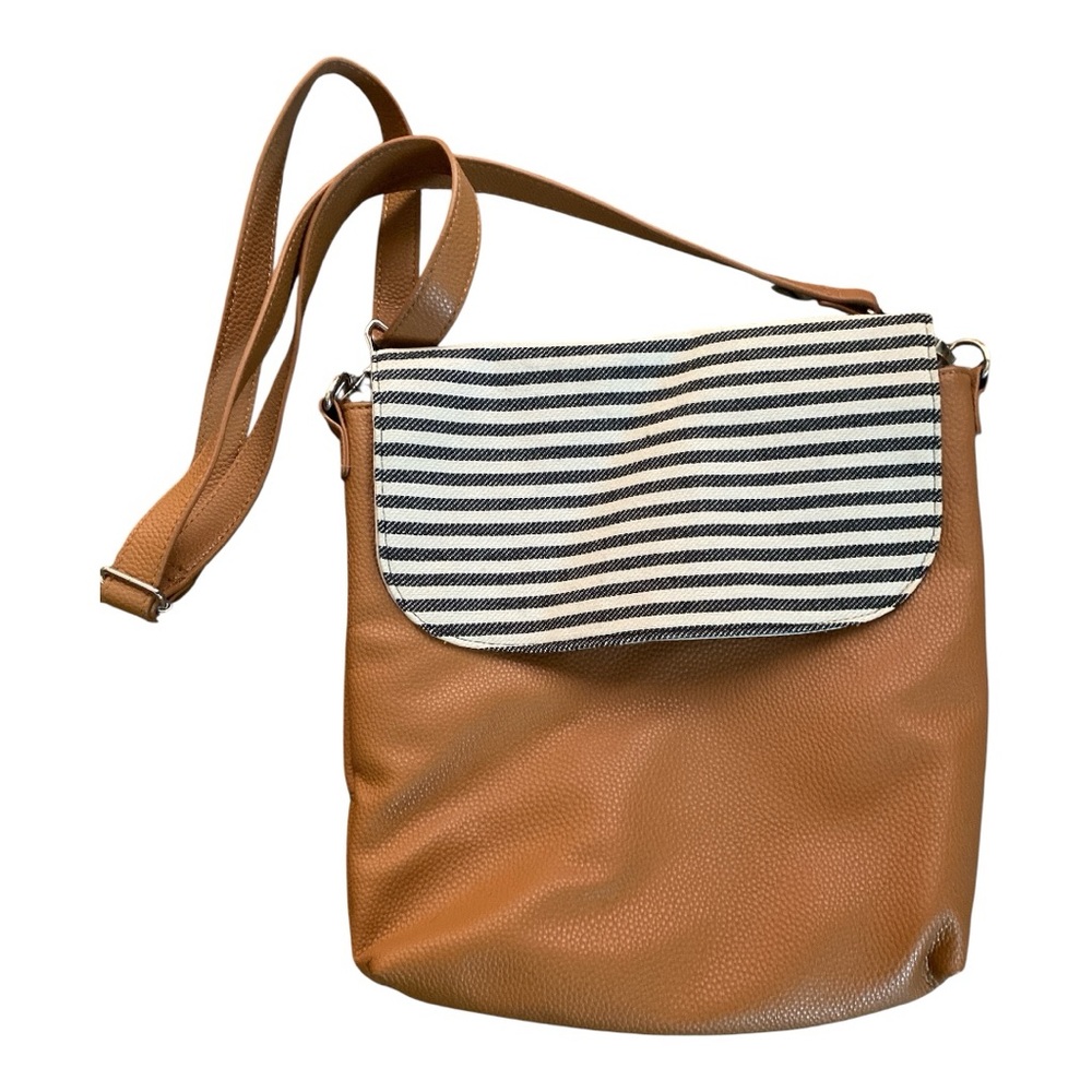 Thirty-One Tan and Black Crossbody Bag with Striped Flap